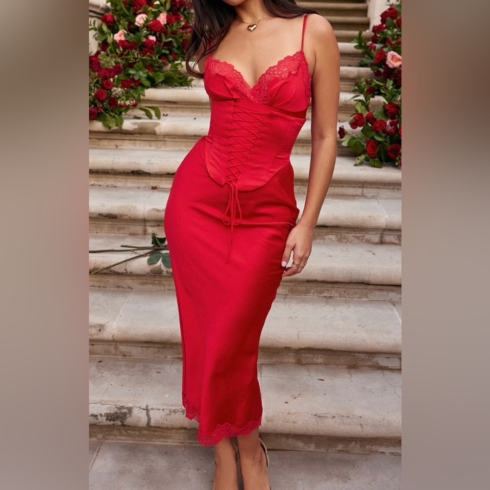 House of CB Red Lace-Trim Corset Midi Dress - Picture 7 of 8